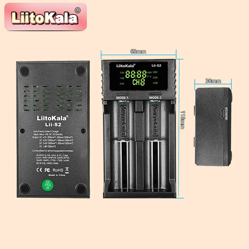 LiitoKala Lii-S2 Multi-Compatible Charger - Supports AA, AAA, 18650, 26650 Lithium Ion Batteries