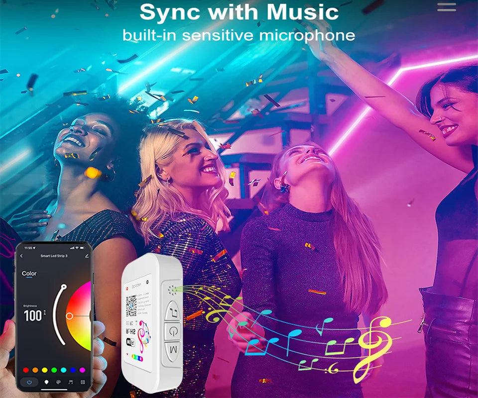 30M 12V WiFi Bluetooth RGB LED Strip Lights 5050 with Ac100-240V Adapter APP Control Music Sync Remote for Bedroom Kitchen Party