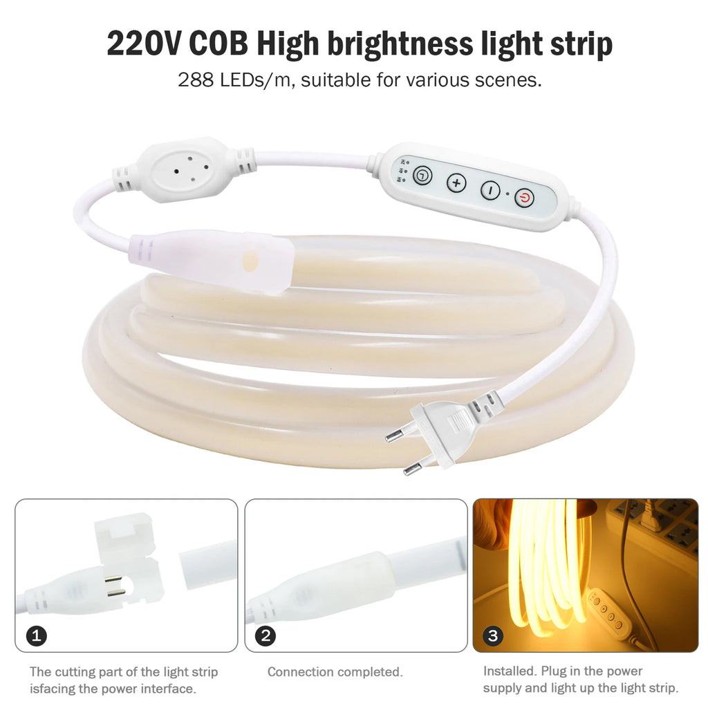 Dimmable Switch 220V COB LED Strip Neon Light Dimmer Power Kit Waterproof 3000K 4000K 6000K 288LED Kitchen Room Decor Flex Lamp