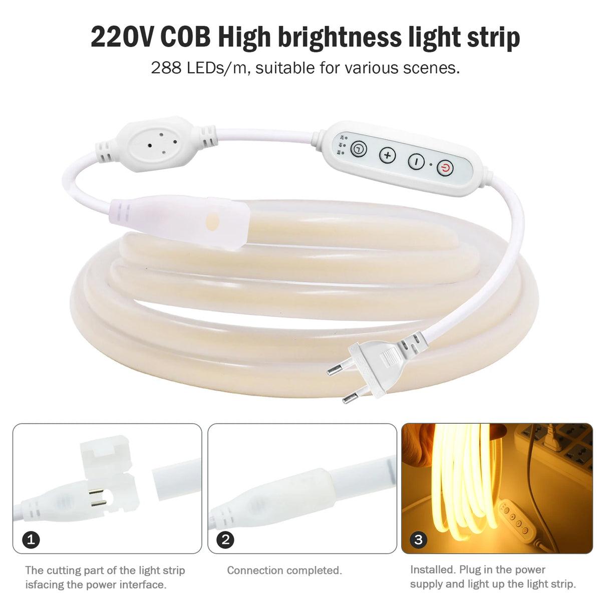 Dimmable Switch 220V COB LED Strip Neon Light Dimmer Power Kit Waterproof 3000K 4000K 6000K 288LED Kitchen Room Decor Flex Lamp