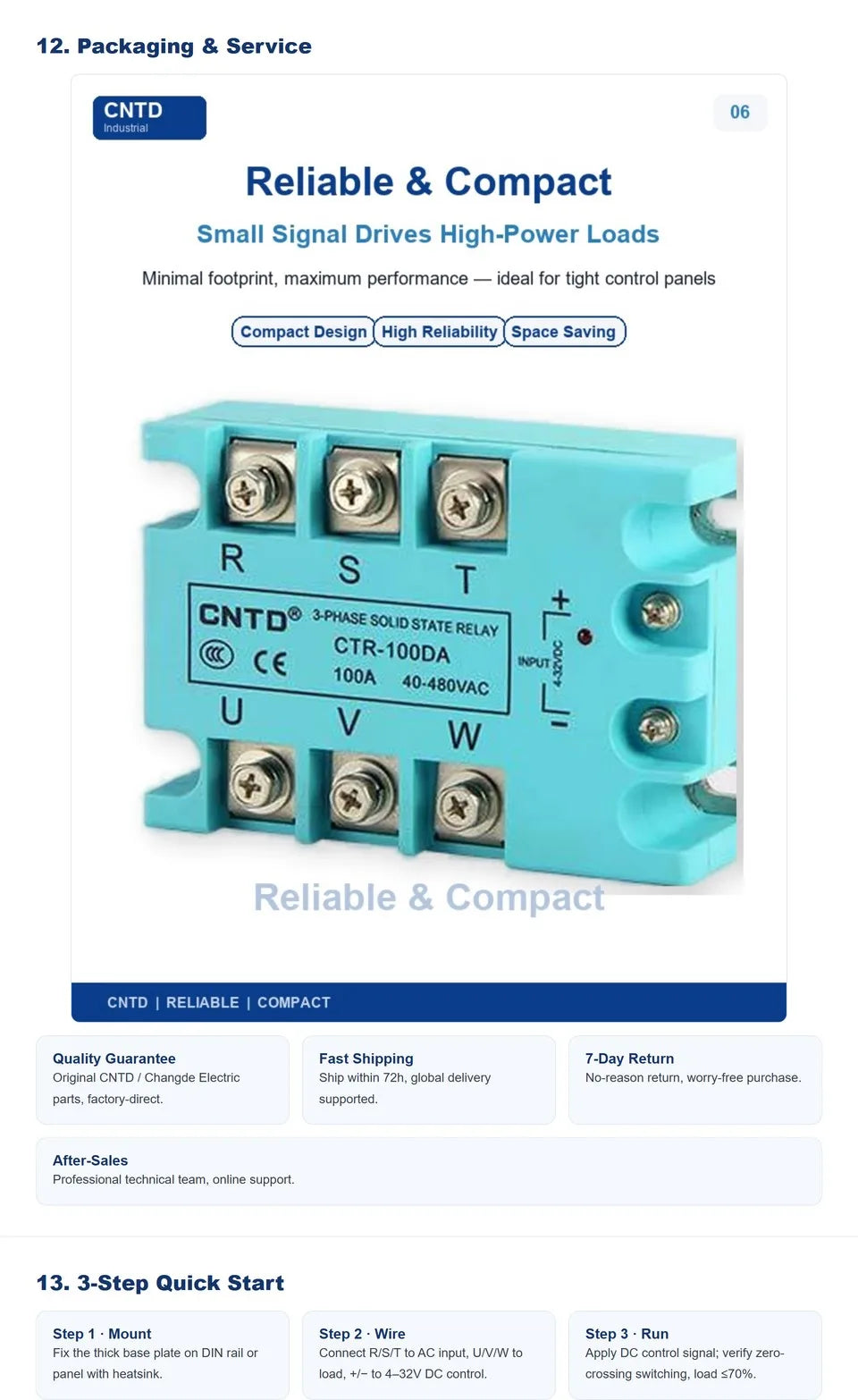 CNTD CTR-100DA 3 Phase Solid State Relay 100A 40-480V AC DC Control SSR Zero Crossing Industrial Relay for Heater Motor