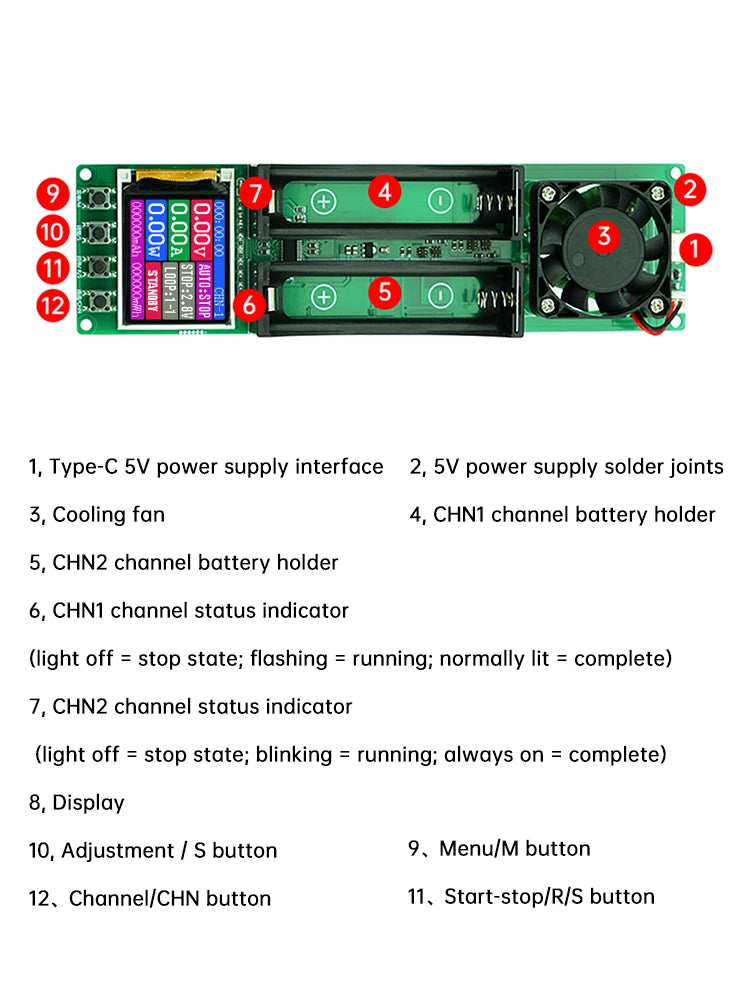 2 Channel 18650 Battery Capacity Internal Resistance Tester Automatic Charge Discharge Electronic Load Module TYPEC Power Supply