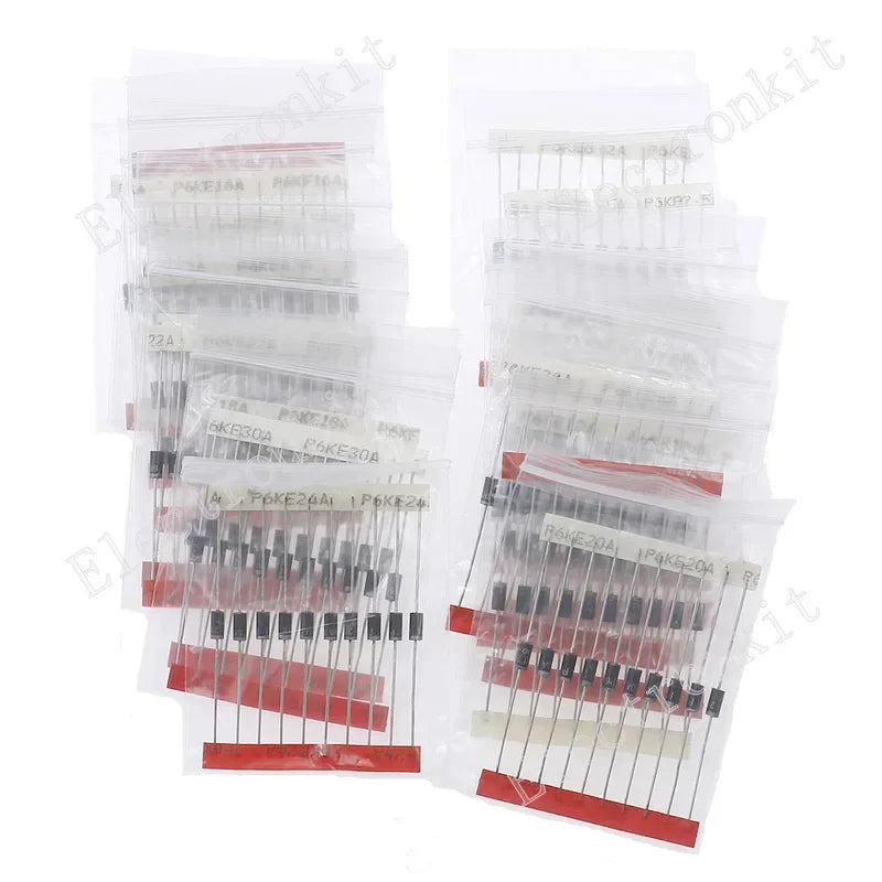 210Pcs 21Value One Two Way TVS Diode Assort Kit P6ke6.8A 8.2A 9.1A 10A 12A 13A 15A 16A 20A 22A 24A 27A 30A 33A 36A 39A 43A 47CA