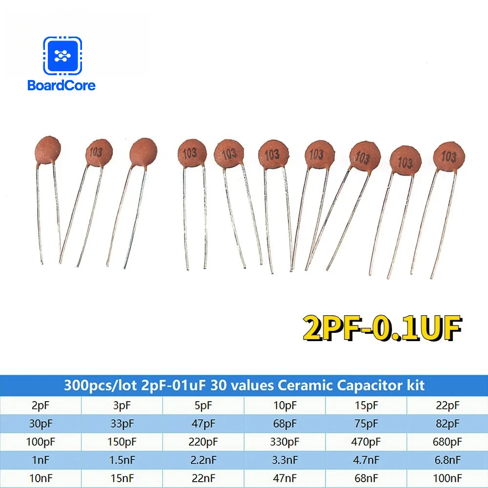 300pcs Ceramic Capacitor Kit 2PF-0.1UF 30Values*10pcs Capacitance Assorted Set DIY Sample Pack