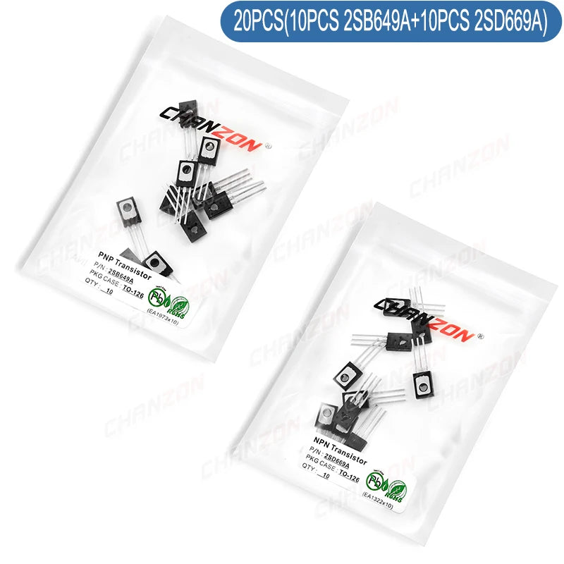 20PCS (10PCS 2SB649A + 10PCS 2SD669A) TO126 NPN PNP Transistor Kit Bipolar Junction Triode Tube Fets Integrated Circuits BJT
