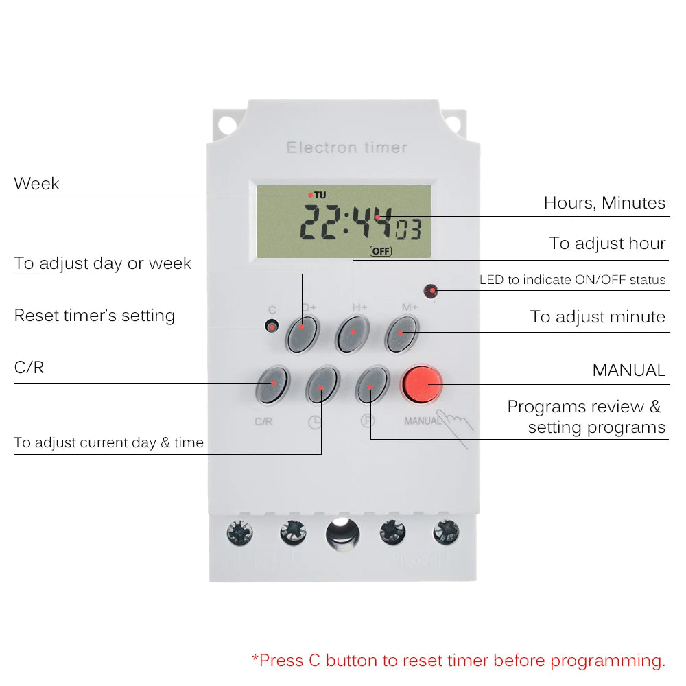 AC 220V 25A Digital Programmable Timer Din Rail Electronic   Controller with LCD Display Clock Electronic Timer