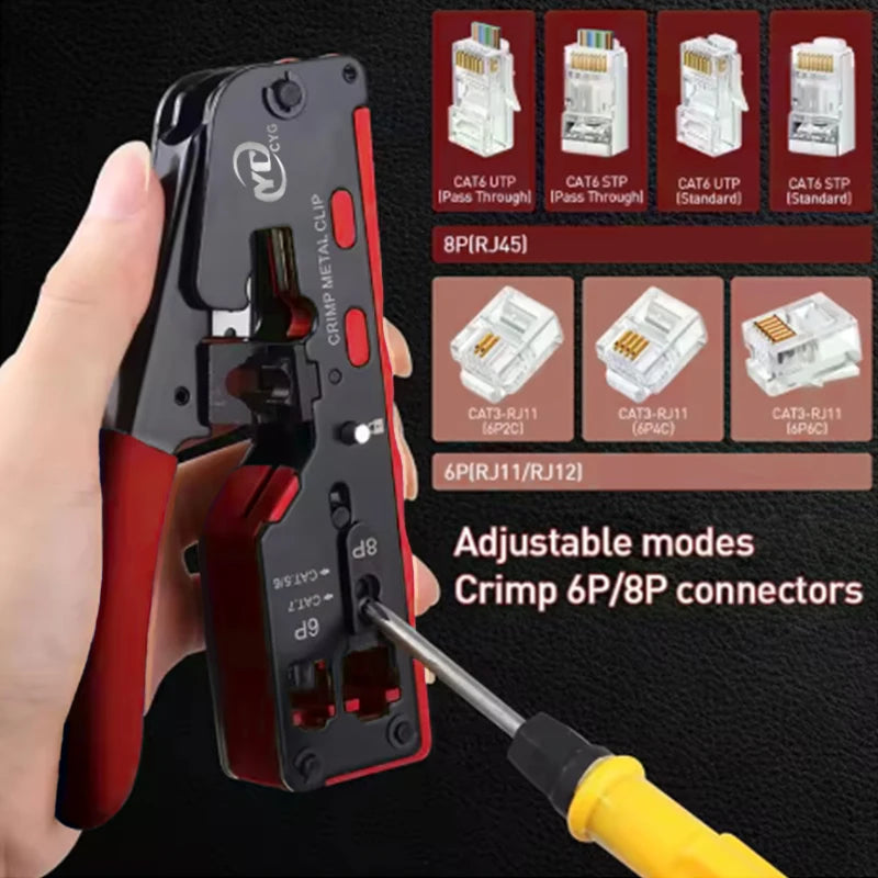 Rj45 Rj12 Rj11 Pass Through Crimp Plier Cat7 Cat6 Cat6A Cat5 Cat5e Stripping Crimping Tool with 8P/6P Ethernet Connectors