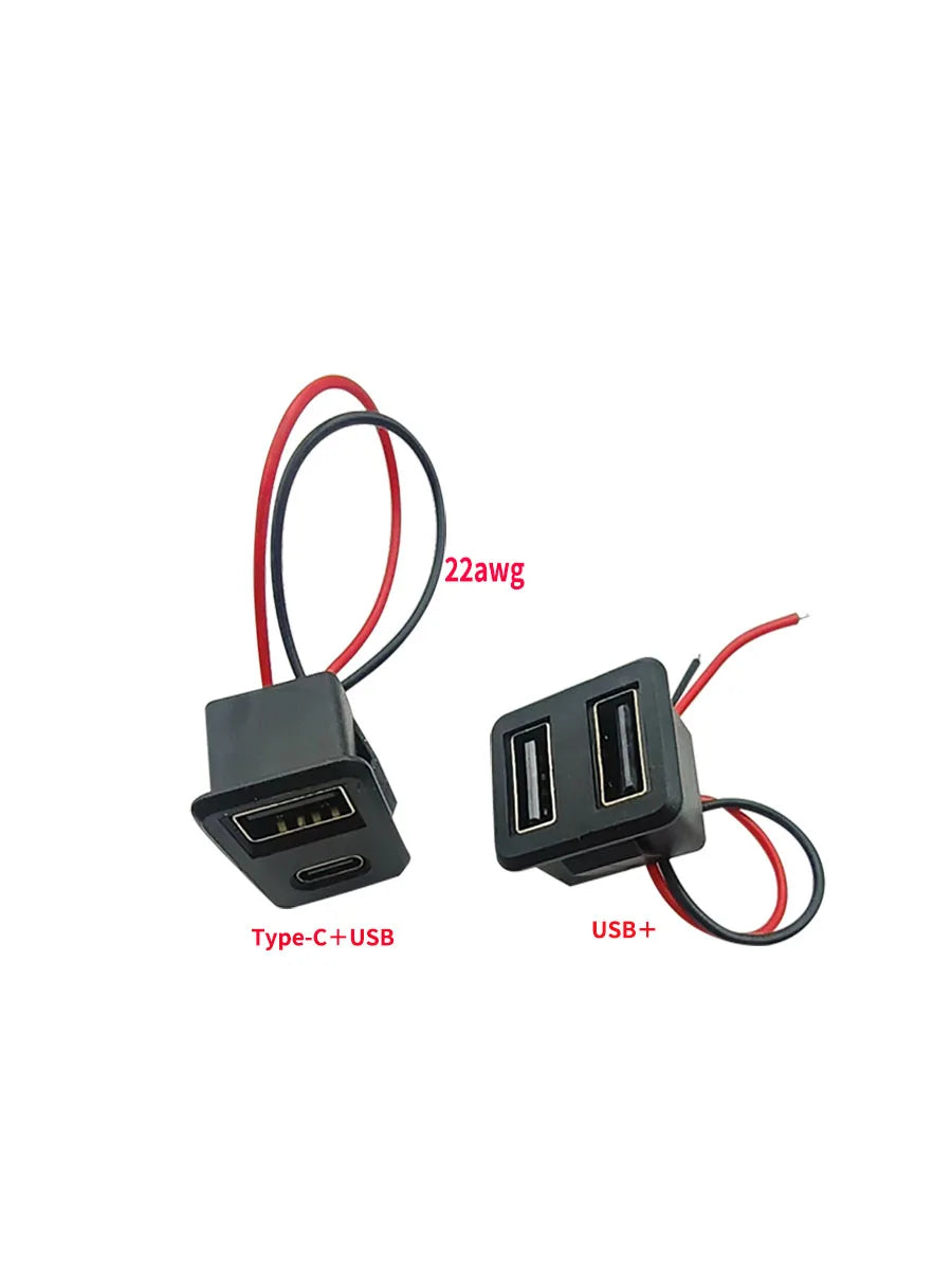 USB 2.0 Connector Female Socket Dual Layer Type C and USB Power Socket Interface, with Cable Charging Car Soldering Plug
