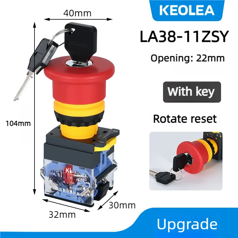LA38 Emergency Stop 10A Self-locking Rotary Reset Latching Head Power Switch Mushroom Push Button Switch 22mm 1 NO I NC 2NC