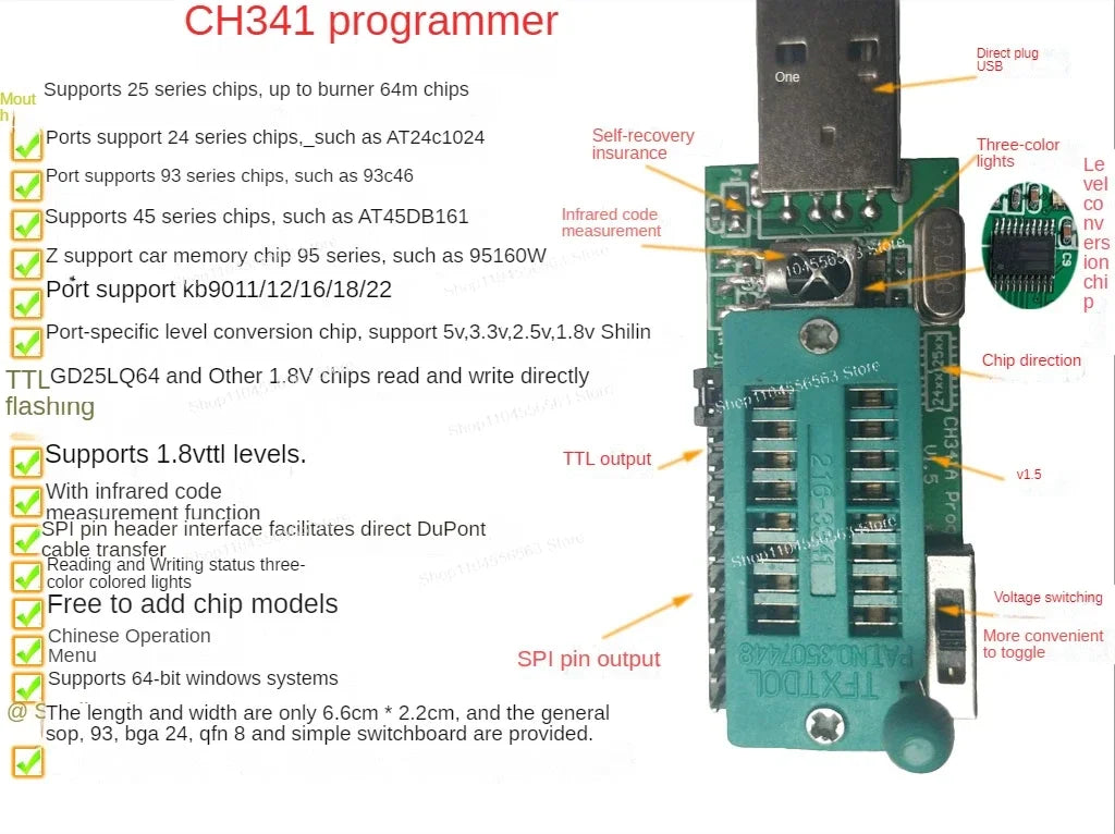 CH341A USB Programmer V1.7 with 1.8V Level Shifter for W25Q64FW W25Q128FW GD25LQ64 Flash Memory IC
