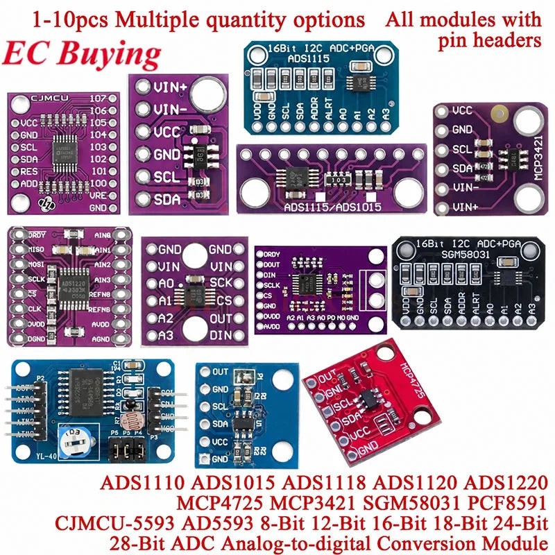 ADS1115 ADS1015 MCP4725 AD5593 ADS1110 ADS1118 ADS1120 ADS1220 MCP3421 SGM58031 PCF8591 Analog-to-Digital Breakout Board Module