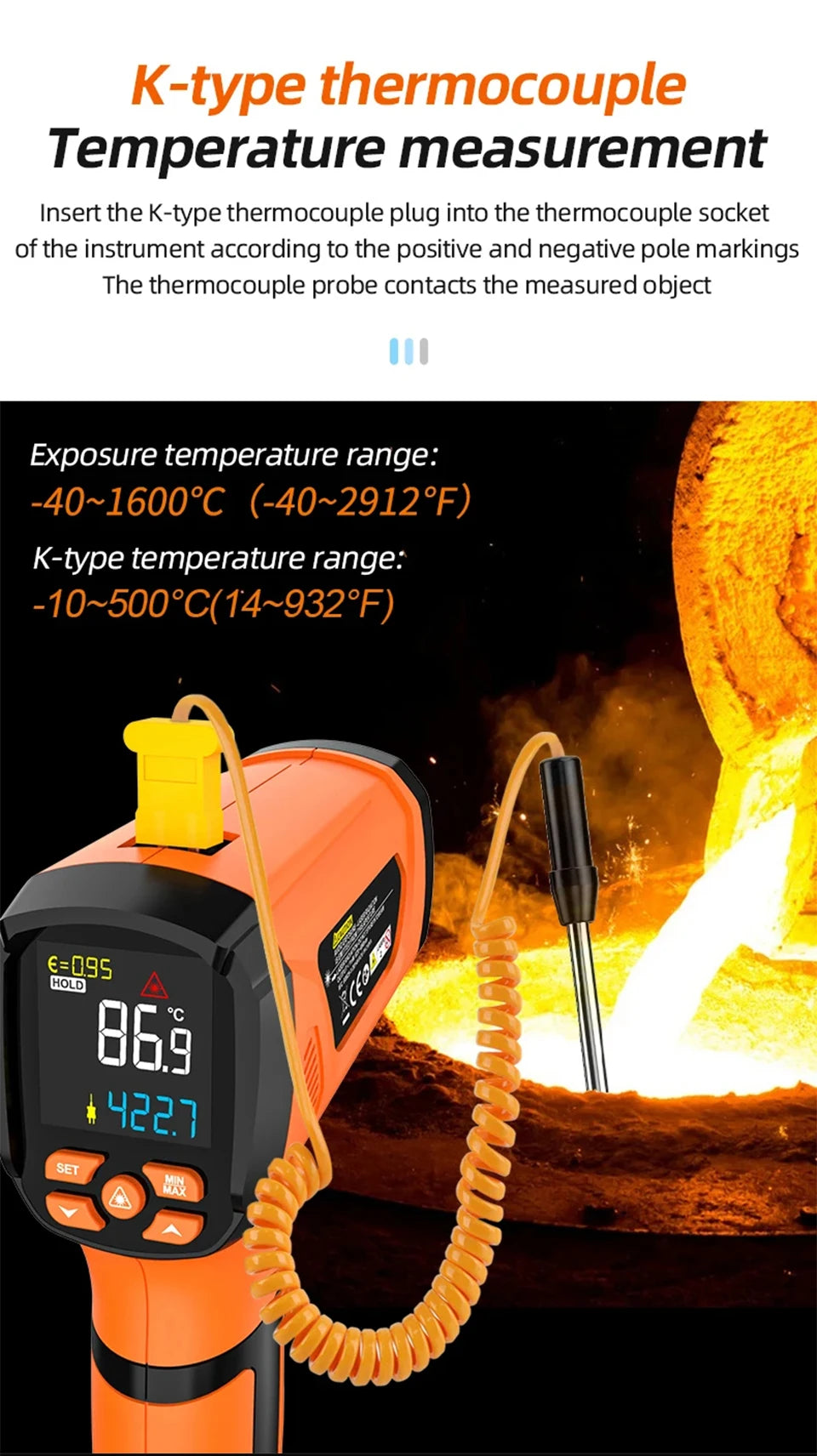 Non-contact Infrared Thermometer -40°C~1600°C High Temperature Meter with K-type Probe Laser Pyrometer Adjust Emissivity