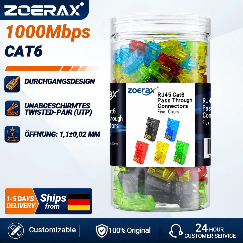 ZoeRax 200/100/50PCS RJ45 Cat6 Pass Through Connector RJ45 Modular Plugs 1.1mm Hole for Solid or Stranded UTP/STP Cable