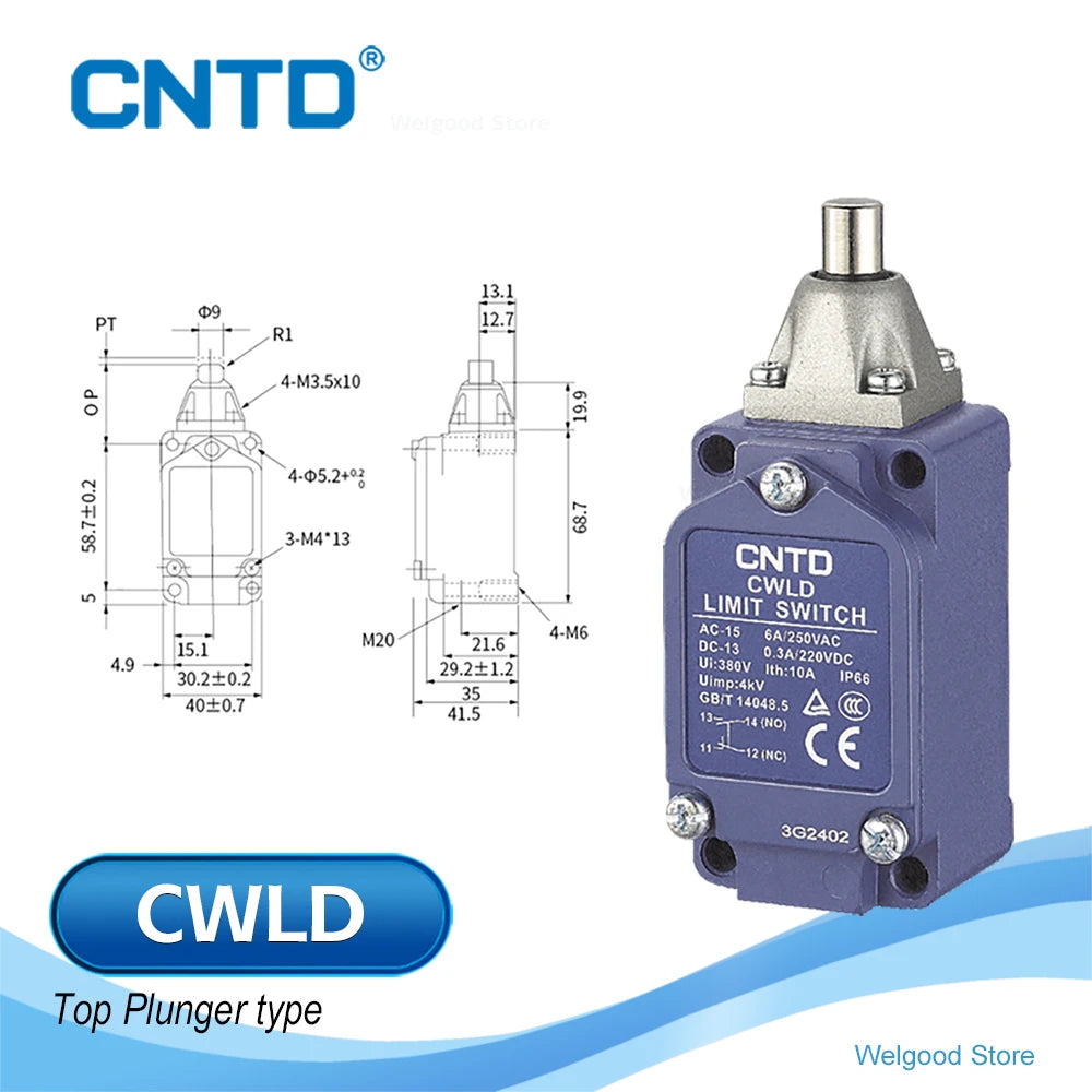 CNTD All new upgrade CWLD Heavy Duty Limit Switch IP66 DPDT 10A 380VAC Top Plunger Double-Break Aluminum Alloy Housing