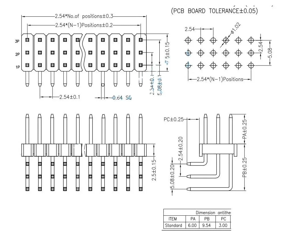 100pcs 2.54mm R/A Three Row Straight 90D Right Angle Gold-Plate Male Female Pin Header Connector 3*2/3/4/5/6/7/8/10/20/25/40Pin