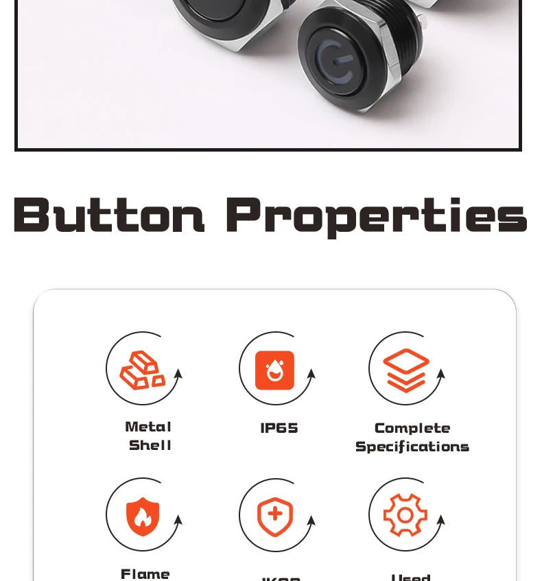 12/16/19/22mm Short Stroke Oxide Blcak Shell Metal Button Switch Waterproof Flat Head With Power LED Light Momentary 1NO 6V 24V