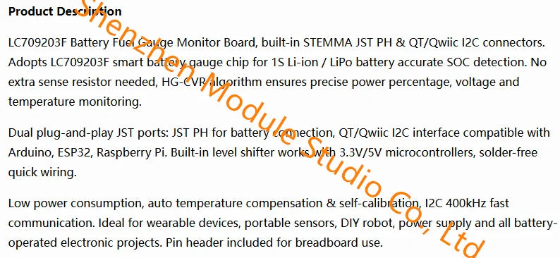 1PCS LC709203F Fuel Gauge & Battery Monitor Module with STEMMA JST PH, QT/Qwiic Interface