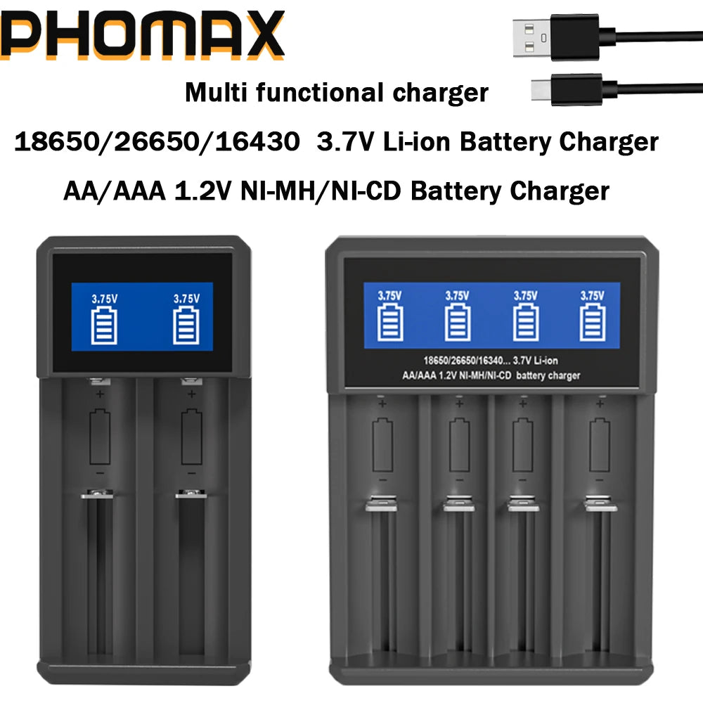 PHOMAX USB LCD Battery Smart Charger 2/4 Slots Dual For 18650 3.7V Rechargeable Lithium Battery For 1.2V NI-MH AA / AAA Battery