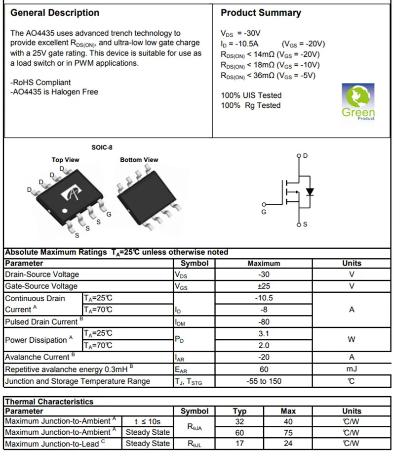 10PCS AO4435 4435 SOP-8 SI4435 FDS4435 SMD 10.5A 30V 3.1W P-Channel MOSFET IC SI4435DDY NCE4435 WSP4435A AP4435 CEM4435 4435A