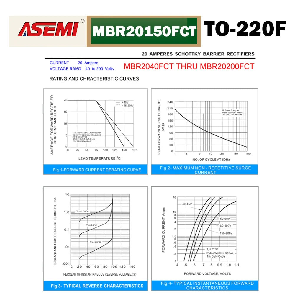MBR20150FCT Schottky Barrier Rectifier Diode 20A 150V ASEMI TO-220F For Laptop GaN Charger