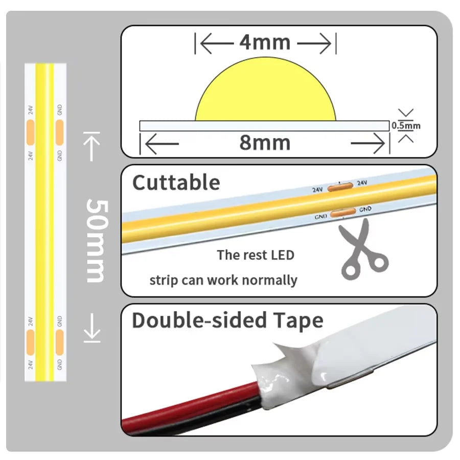 Linear regulável 24v 12v cob luzes de tira led 8mm 320leds/m fita flexível led para decoração do quarto 3000k 4000k 6000k 1m 5m