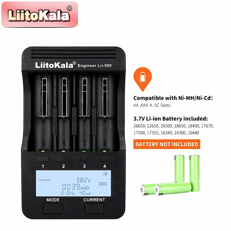 LiitoKala Lii-500 Battery Charger 4 Slot LCD Tester for 18650 26650 AA AAA Flashlight Vape Li-ion NiMH Rechargeable Cells