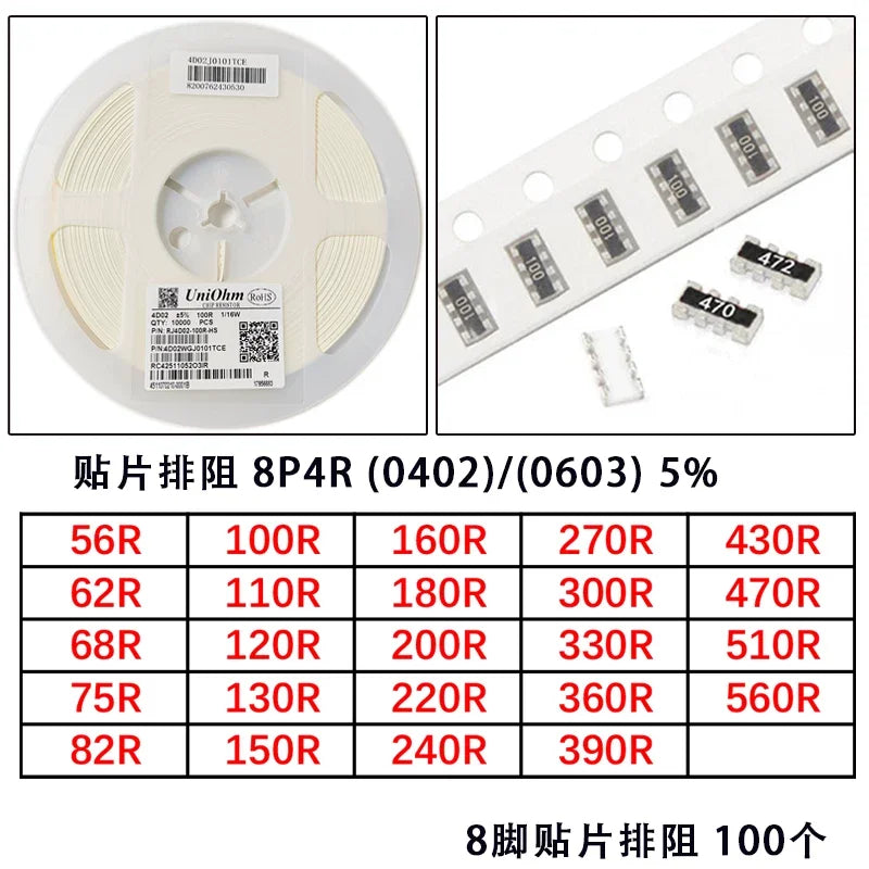 100pcs 0603*4 8P4R 2*4P 1608 Network Resistor SMD Array 0R 22R 33R 47R 100R 150R 200R 220R 300R 330R 390R 470R 510R Ohm 1608