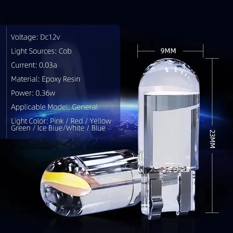 10 Pcs Car LED T10 W5W Canbus Glass COB 6000k Reading Dome Lamp Marker Wedge License PlateLight Bulb 168 194 192 DC 12V White