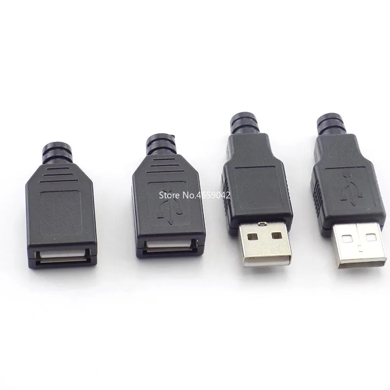 10 Sets DIY USB 2.0 Type-A Male Connector - 4-Pin Solder-Type Black Plastic Shell Adapter for Data Connection