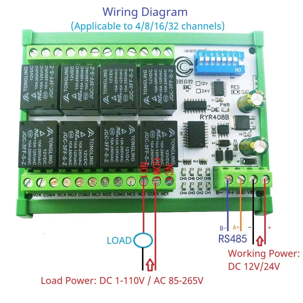 4-32CH 10A 20A DC 12V 24V RS485 Bus Relay Module DIP Setup Parameters Modbus RTU Serial Port UART Switch Board HMI PLC