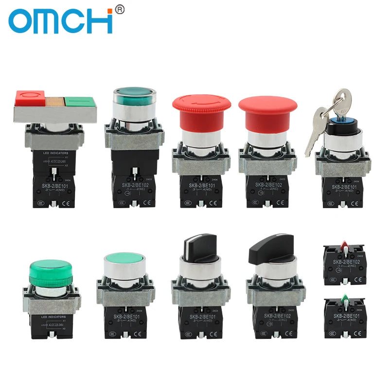 OMCH Button Switch Self Reset SKB2 Small Mushroom Head Emergency Stop 22mm Knob Key Start Inching Power On