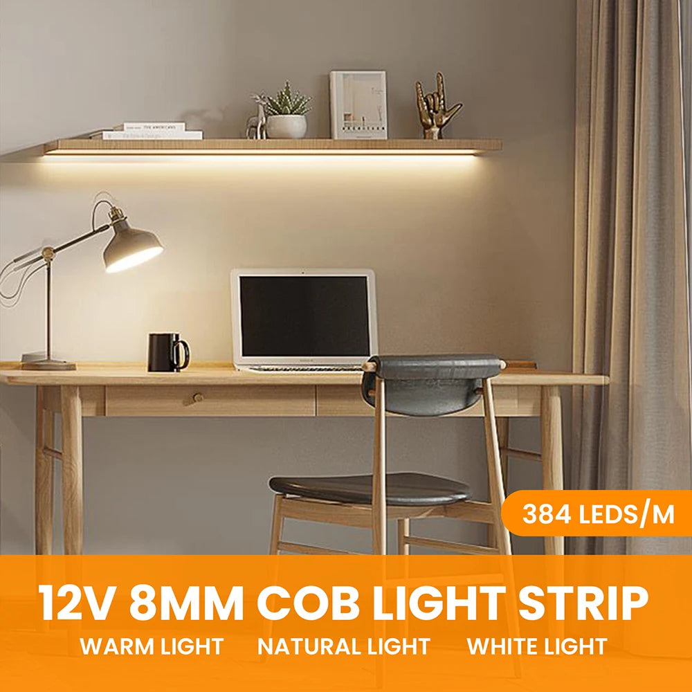12V 5V USB COB LED Strip Light With 2Pin Wire 320 384 480 528 LEDs Flexible Tape Linear Lighting Warm White Pink Blue Red Yellow