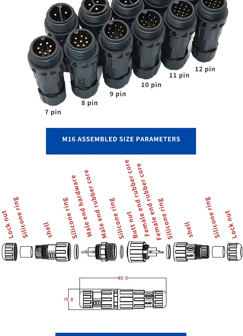 Waterproof M16 2 3 4 5Pin 6 7 8 9 Pin Cable Connector Outdoor IP68 Screw/Welding Male Female Wire Power Aviation Plug Connector