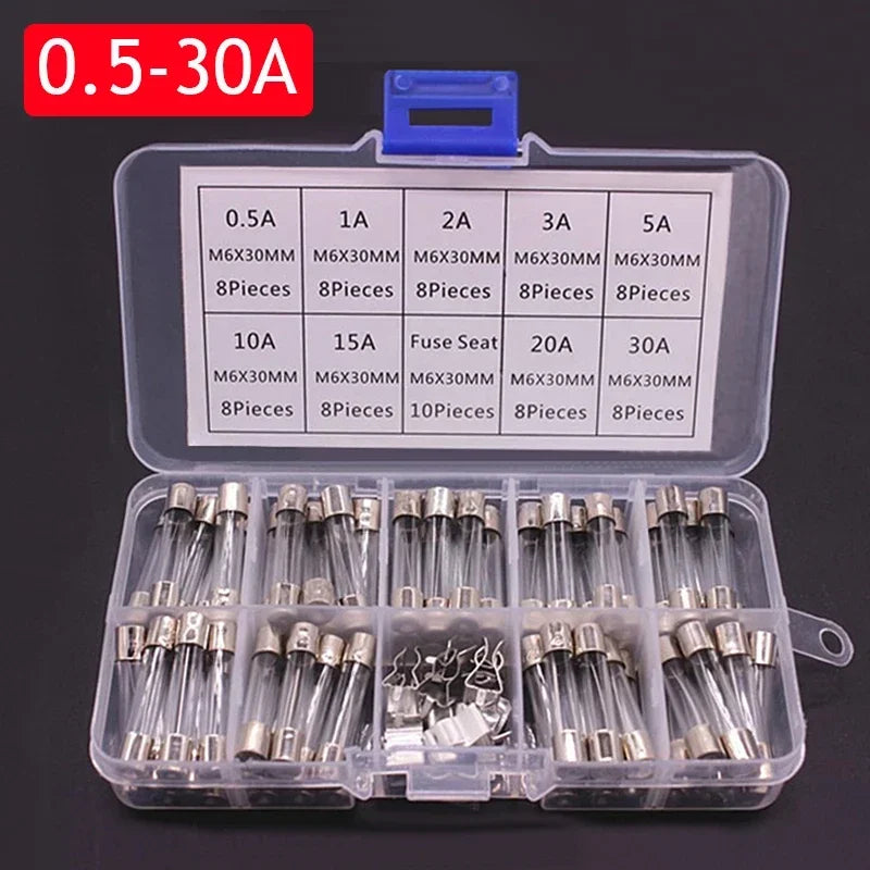 100/72pcs Car Fast-blow Glass Fuses Car Glass Tube Fuses 0.2-20A 0.5-30A Assorted Kit for Car Light Inflator Vacuum Cleaner