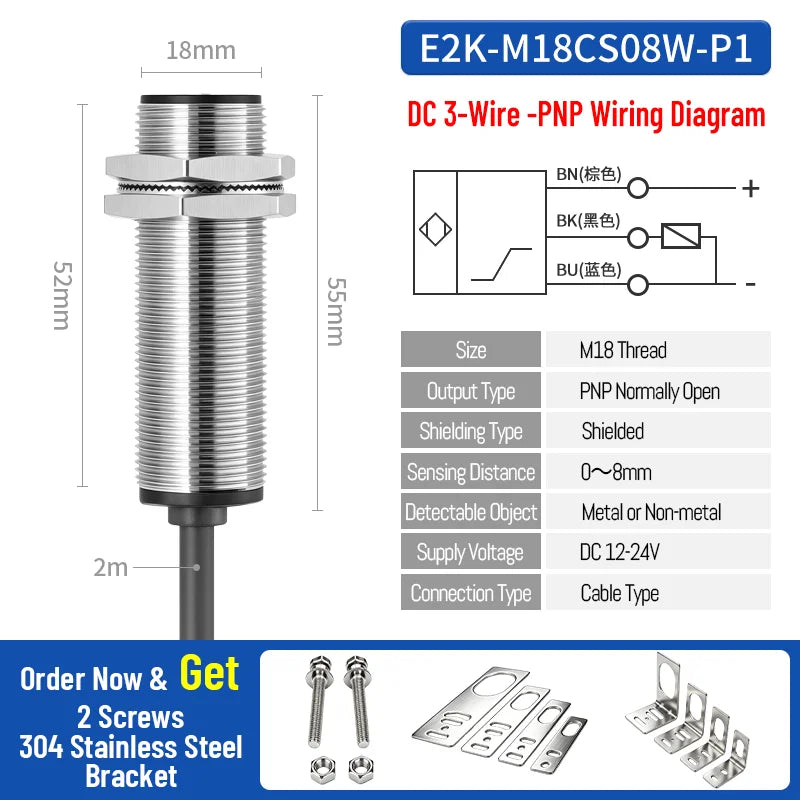 ZHICAN E2K M12 M18 Capacitive Proximity Sensor 30mm Long Range Plastics Glass Wood Metals Nonmetal Material Detection Switch