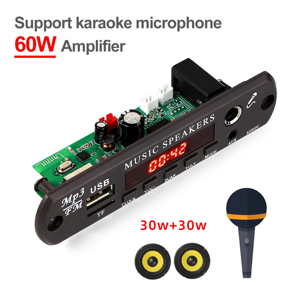 80W Bluetooth MP3 Decoder Board 2*40W Amplifier Audio Player 8V-24V DIY MP3 Player Car FM Radio Module TF/USB/Mic/Record Call