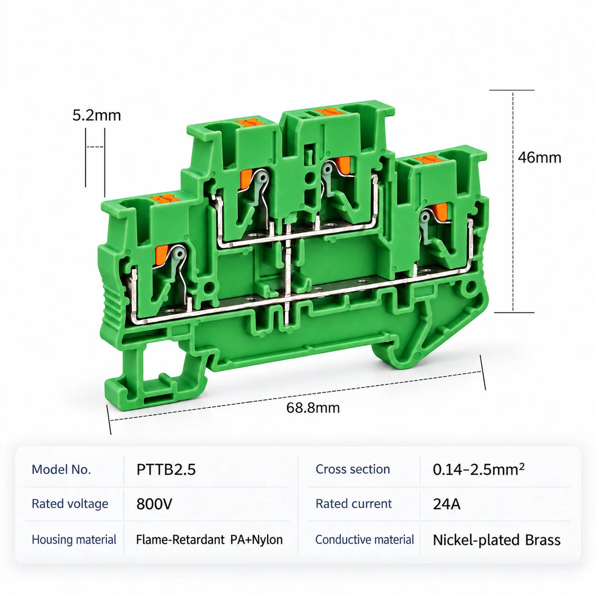DIN Rail Terminal Blocks PTTB-2.5 Push-In Double Level 0.14-2.5mm2 Screwless Electrical Wire Connectors for Control Panel Wiring