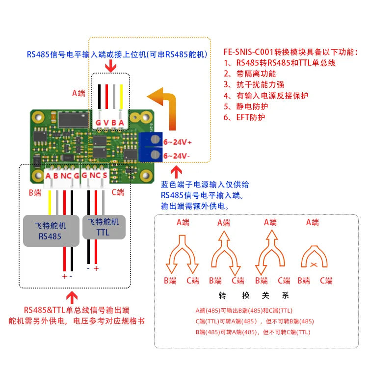 FEETECH FE-SNIS-C001 RS485 signal Isolated to RS485 / TTL Single Bus Module  Servo Controller for Industry Servo Industry Robot