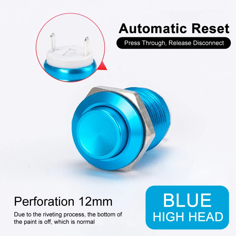 2pcs 12mm Metal Push Button Switch Oxidized Color Self Reset/Instant Reset Flat Head/Tall Head 2 Pin Waterproof Normally Open