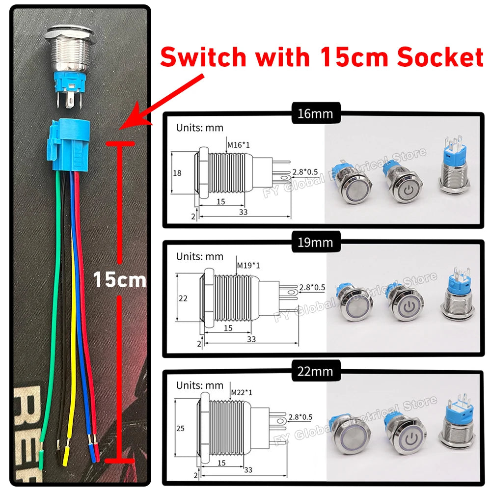 16/19/22MM Custom Metal Push Button Switch with Socket Waterproof Luminous Latching Momentary Car Boat Motorcycle 12V 24V 220V