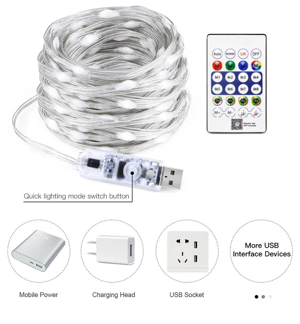 5M/10M/15M/20M RGBIC USB Sting Light Bluetooth APP DIY LED Fairy Lights Garland Decoration for Christmas Wedding Birthday Party