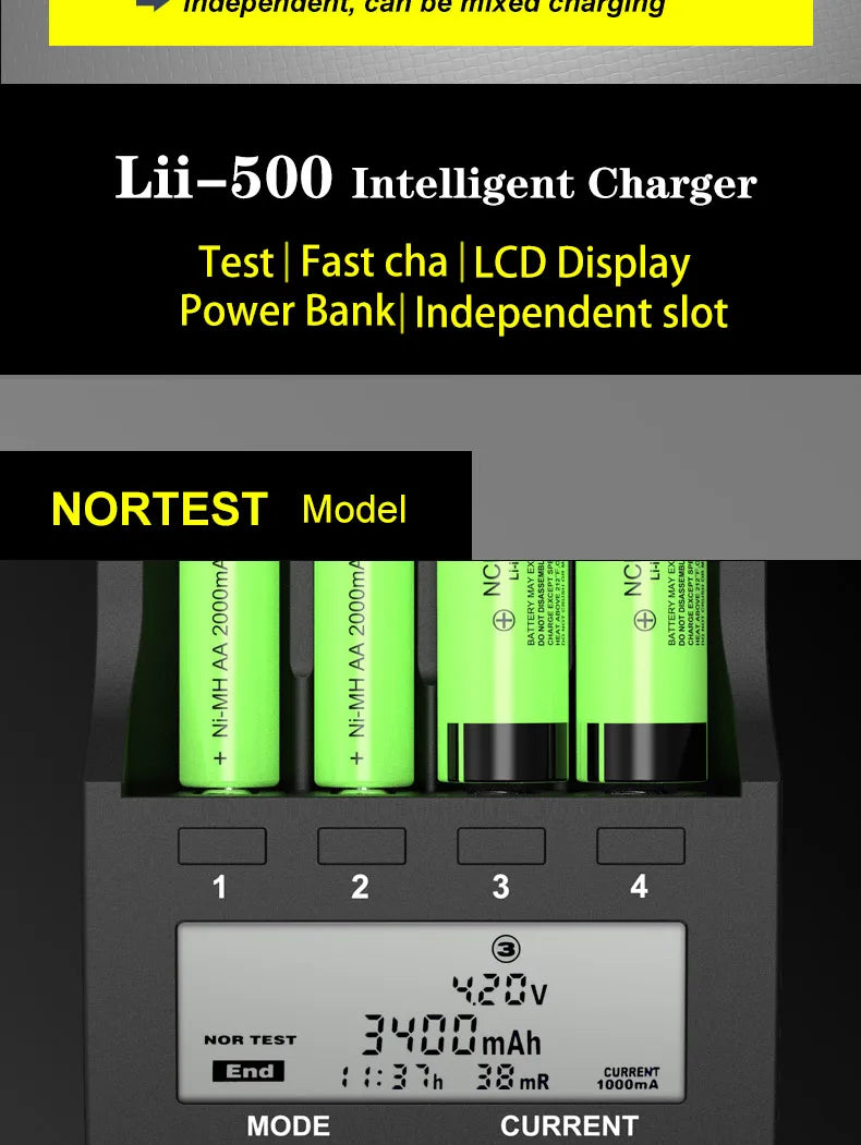 LiitoKala Lii-500 Battery Charger 4 Slot LCD Tester for 18650 26650 AA AAA Flashlight Vape Li-ion NiMH Rechargeable Cells