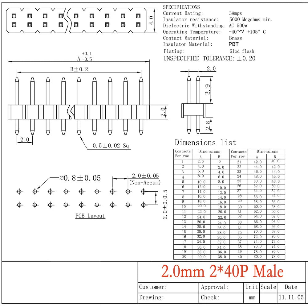 10CS Pitch 2.0mm 1x40 2x40 Pin Single Double Row Right Angle Straight SMT SMD Round Male Header Connector