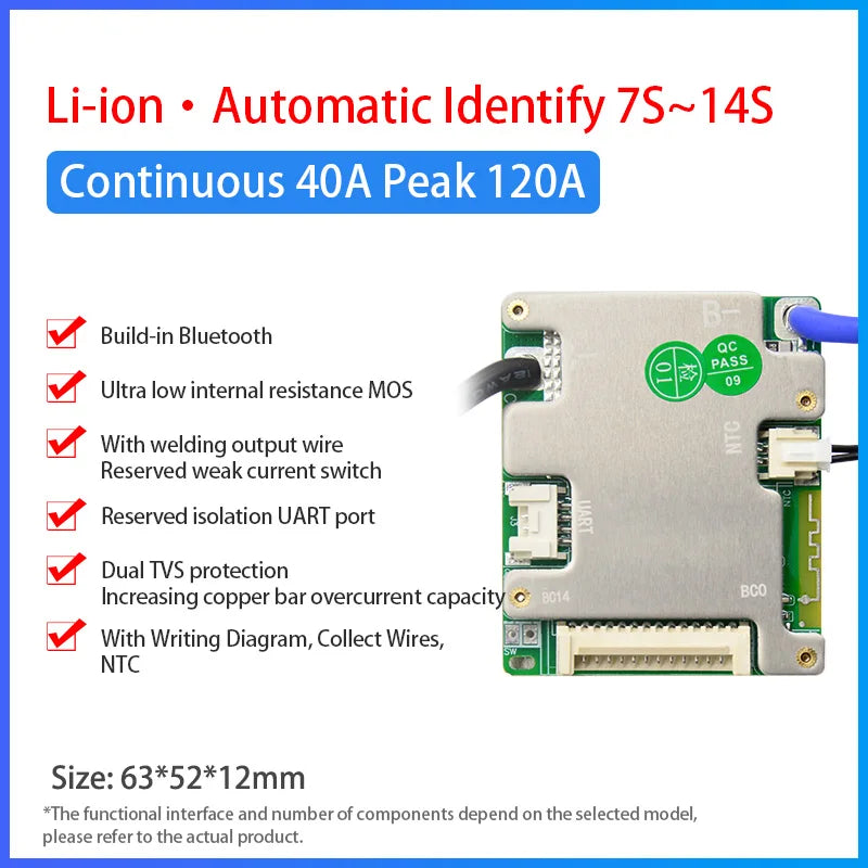 Small Type 3.2V LiFePO4 3.7V Li-ion 20A 30A 40A 50A Electric Bike Smart BMS 7S-14S 24V 36V 48V with UART BT