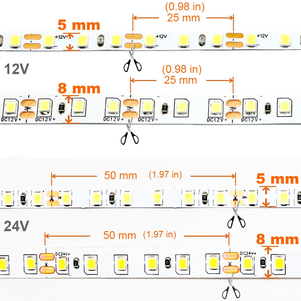 5mm 8mm LED Strip 2835 DC24V 12V 120LEDs/m Home Lamp Strips Red Ice Blue Yellow Orange Pink Flexible And Cuttable Soft Lamp Bar