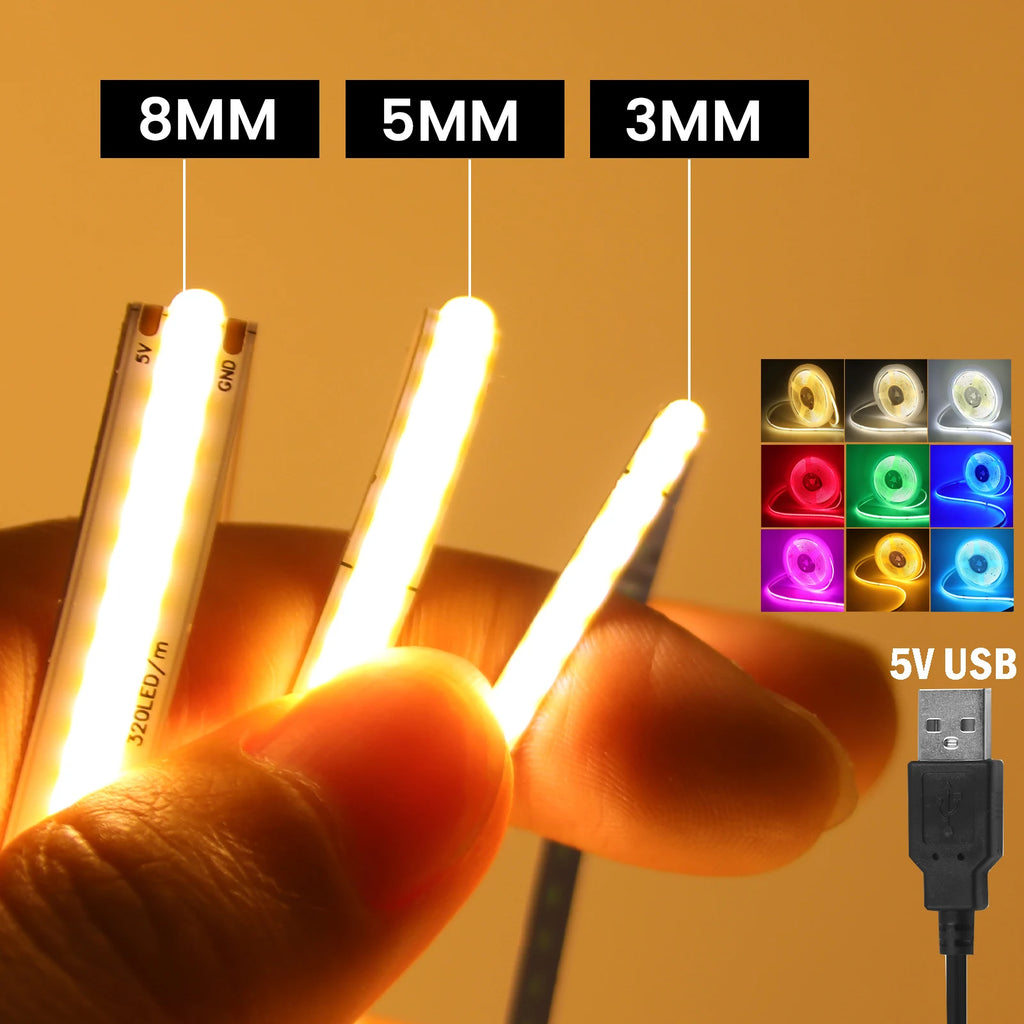 5V USB COB Led Strip Light 320 Leds/M White/Red/Green/Blue/Ice Blue/Pink PCB 3MM 5MM 8MM Flexible Ribbon Night Lamp TV Backlight