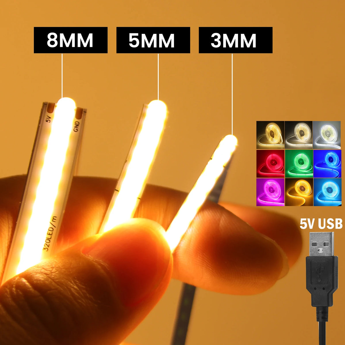 5V USB COB Led Strip Light 320 Leds/M White/Red/Green/Blue/Ice Blue/Pink PCB 3MM 5MM 8MM Flexible Ribbon Night Lamp TV Backlight