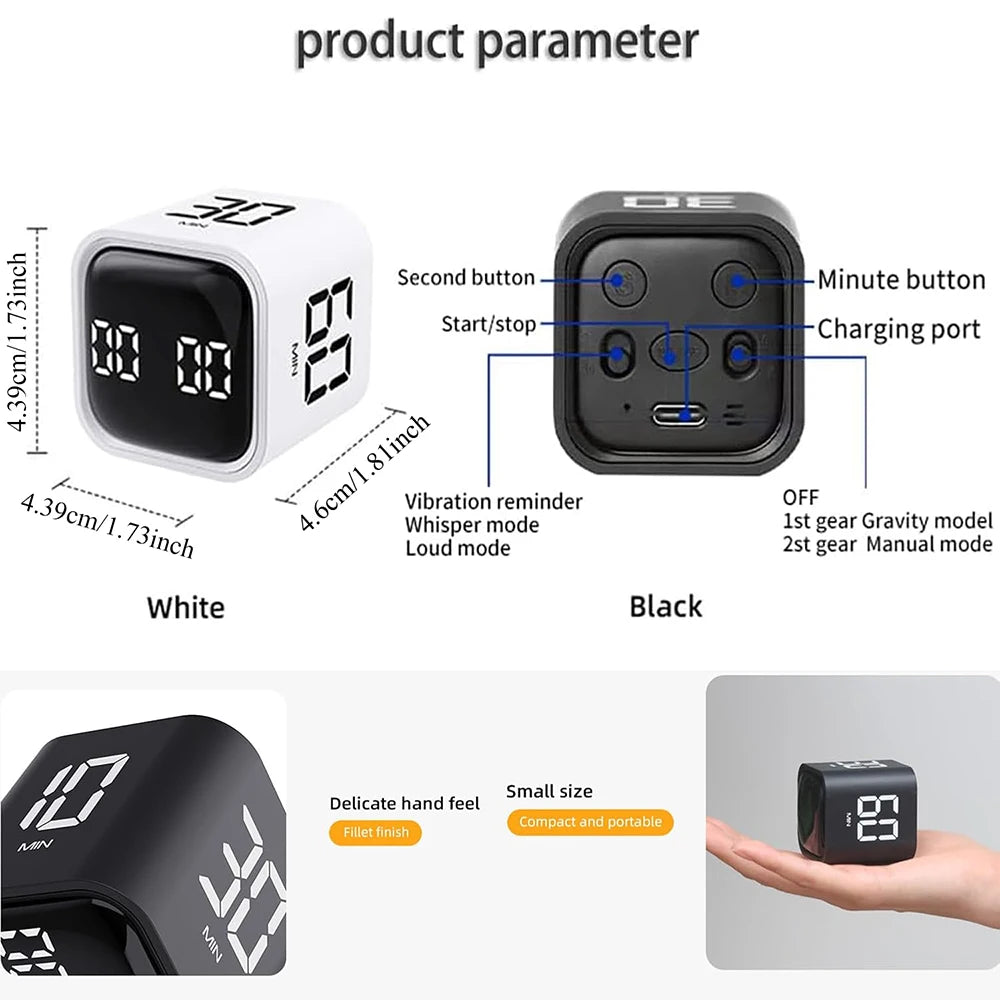 Adjustable Cube Timer - 5/10/30/60 Minute Countdowns, Settings - Pause, Resume, Silent, Vibrate & Sound Alarm for Work, Study