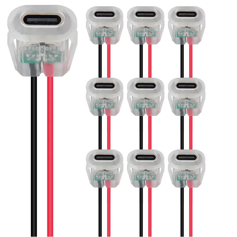 5/10pcs Type-C Female 2P Wire Type USB Connector Pigtail Cable Extension Power Cable Open End Connector Transparent with Light