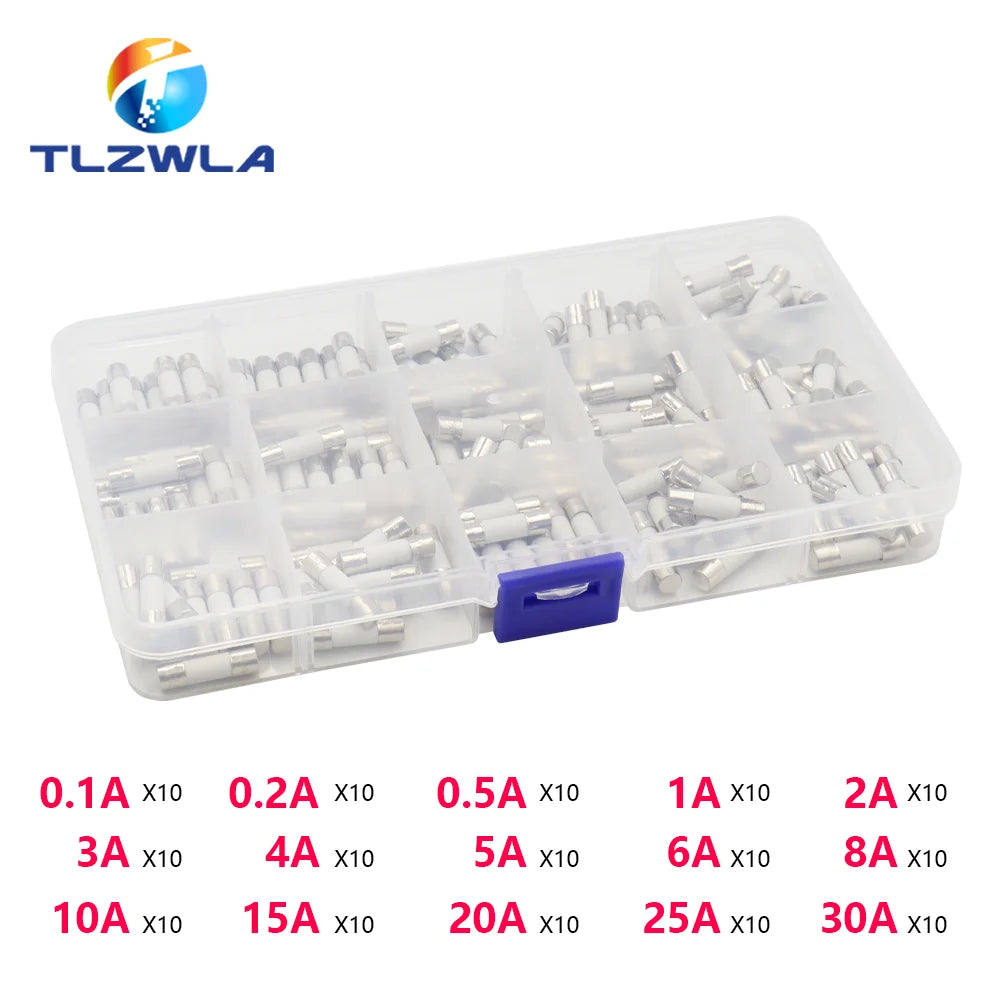 15Kinds 150PCS 5X20MM Fast-blow Glass Tube Fuses Car Ceramic Fuse Tube Assorted Kit 5*20 with Box fusiveis 0.1A-30A Household